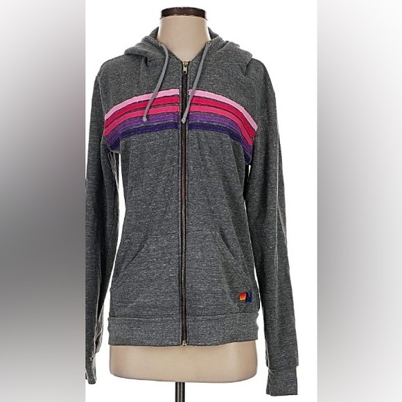 Aviator Nation Tops - 🩶Aviator Nation Gray Hoodie with 5 Pink Rainbow Stripes S🩷